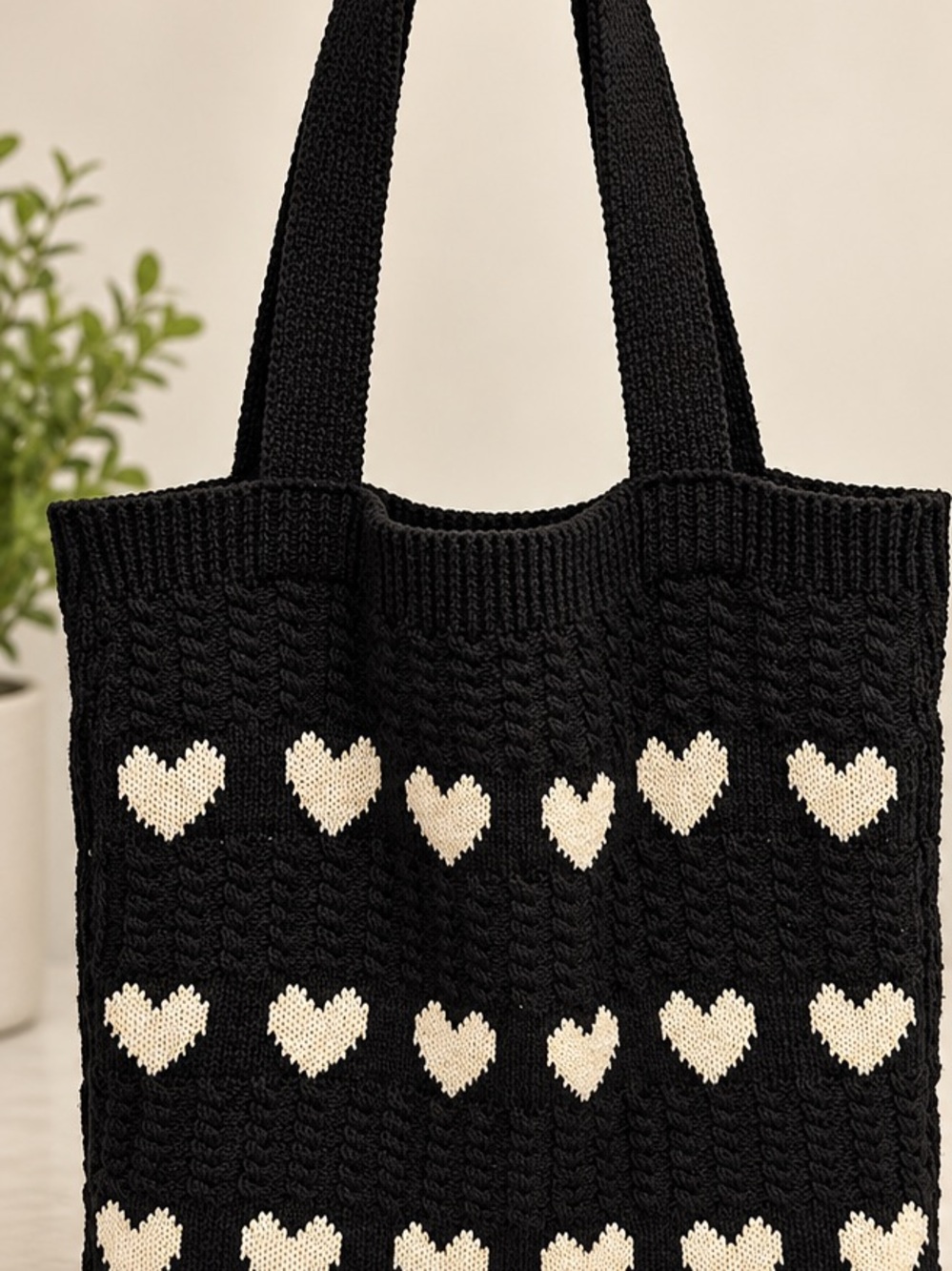 Ricki's Black Knit Tote with Cream Heart Motif